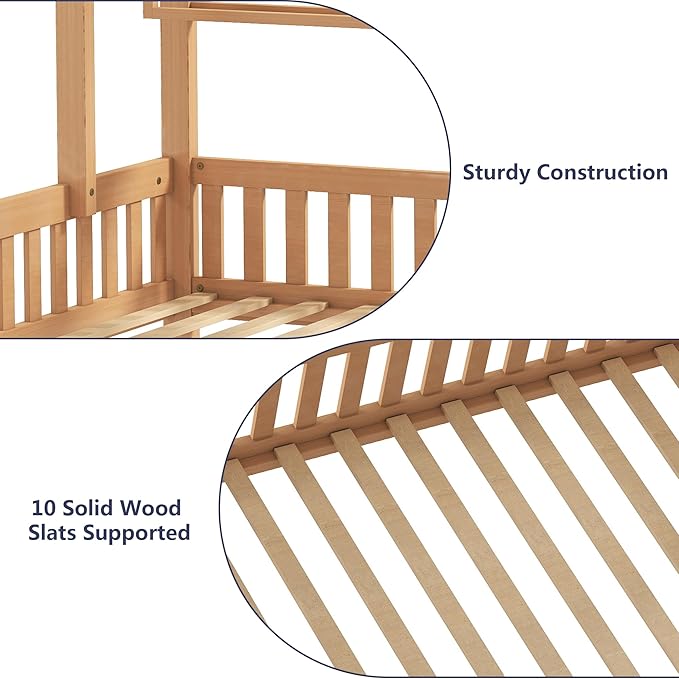 Aoowow Full Size House Bed with Storage Drawers and Shelf, Kids Twin Bed Frame Wooden Platform Bed with Guardrails and Slats for Boys Girls Teens for Bedroom(Natural)