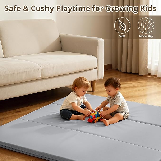Baby Play Mat, 48 x 48 Inch Foldable PU Leather Waterproof Playpen Mat, 1.6" Extra Thick Foam Floor Mat for Infants and Toddlers, Non-slip Toddler Activity Playmat Cushion
