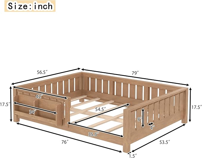 Bellemave Full Size Floor Bed with Slats and Safety Guardrail, Full Size Montessori Floor Bed with Fence and Built-in Bookshelf, Easy Assemble Montessori Beds for Kids, Girls, Boys, Natural