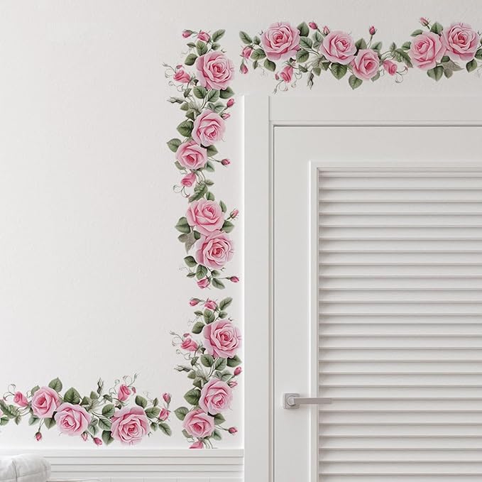 Pink Siren Rose Flower Vine Wall Stickers, sacinora Floral Art Botanical Wall Decals Removable Vinyl Peel and Stick for Furniture Door Living Room Bedroom Nursery Decorations