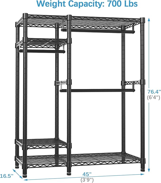 VIPEK Clothes Rack for Hanging Clothes, Heavy Duty Closet Rack with 4 Tiers Wire Shelving & 3 Hanging Rods, Free Standing Closet Wardrobe, 45" Lx16.5 Wx76.4 H, Max Load 700LBS, Black