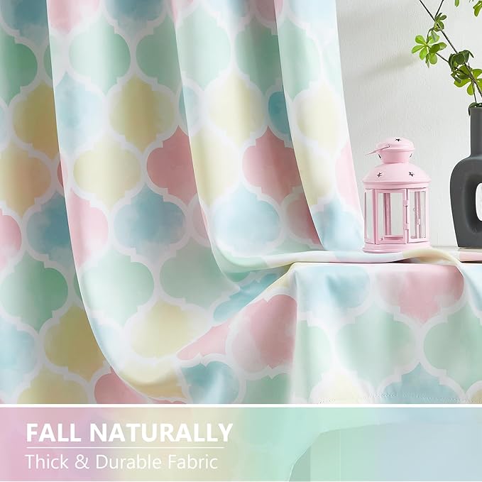 Full Blackout Curtains 95 Inches Long 2 Panels Colorful Moroccan Geo Lattice Drapes Room Darkening Thermal Insulated Grommet Window Treatments Sets for Nursery Girl Baby Bedroom, 52" W