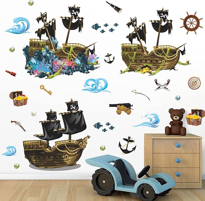 4 Sheet Pirate Ship Wall Sticker Shipwreck Wall Decal DIY Self-Adhesive Waterproof Waves Treasure Fish Hook Pearl Coral Reef Wall Art Decoration for Bathroom Kids Boys Bedroom Playroom Nursery