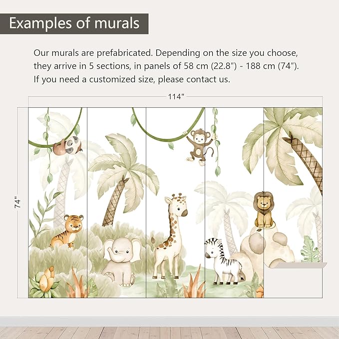 AFZEVEB-Safari Wallpaper Watercolor Animal Nursery Wall murals for Kids Room 114"x74"(Not Peel and Stick)