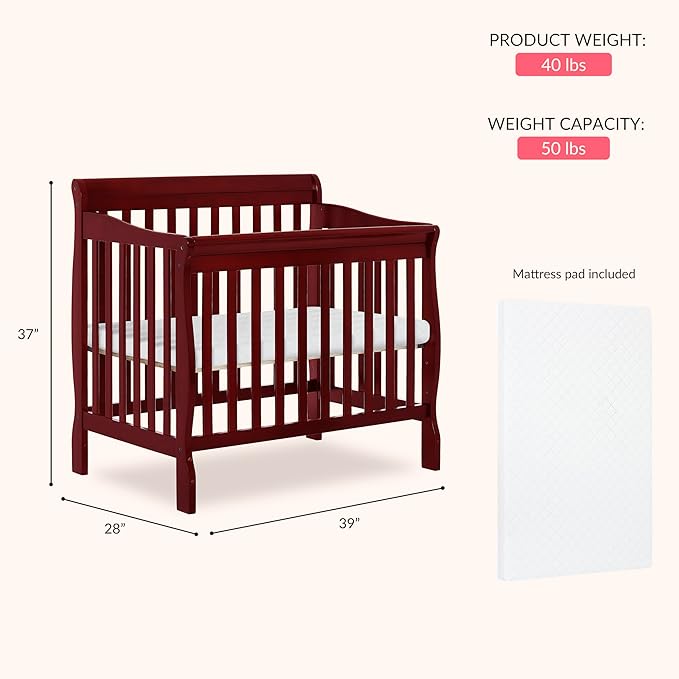 Dream On Me Aden 4-in-1 Convertible Mini Baby Crib in Cherry, GreenGuard Gold & JPMA, Sustainable Pinewood, Non-Toxic Finish, 3 Mattress Heights, Converts to Mini Day & Twin-Size Bed