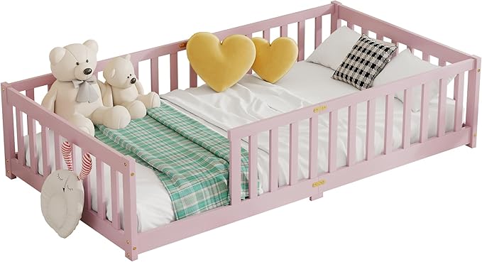 Twin Size Floor Bed for Kids, Wood Montessori Floor Beds with Fence Railings and Slats Support, Twin Playhouse Bed Frame for Boys Girls, No Box Spring Needed, Pink