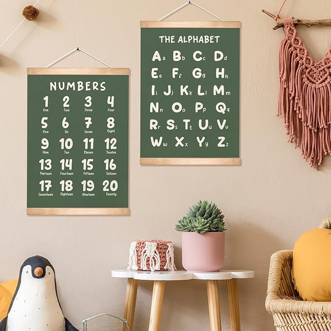 Educational Wall Art Set of 2, Numbers 1-20 and Alphabet Chart, Learning Posters for Kids,ABC Banner Poster, Banner Wall Hanging Decor for Toddler Room Playroom Nursery Wall Classroom Decor (Green)