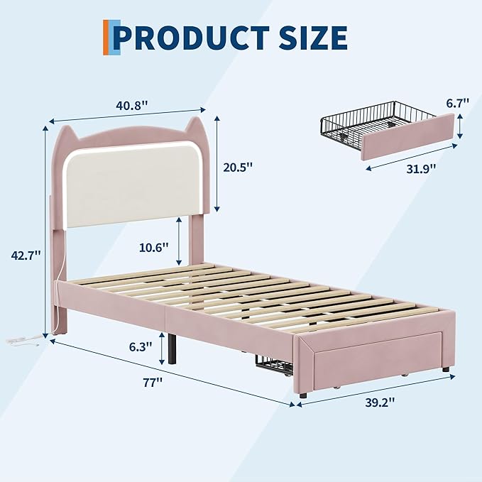 Garvee Twin Upholstered LED Bed Frame with Storage Drawer & Cute Cat Headboard, Velvet Princess Platform Bed Frame with Sturdy Wood Slats Support for Girls/Kids, No Box Spring Needed, Pink