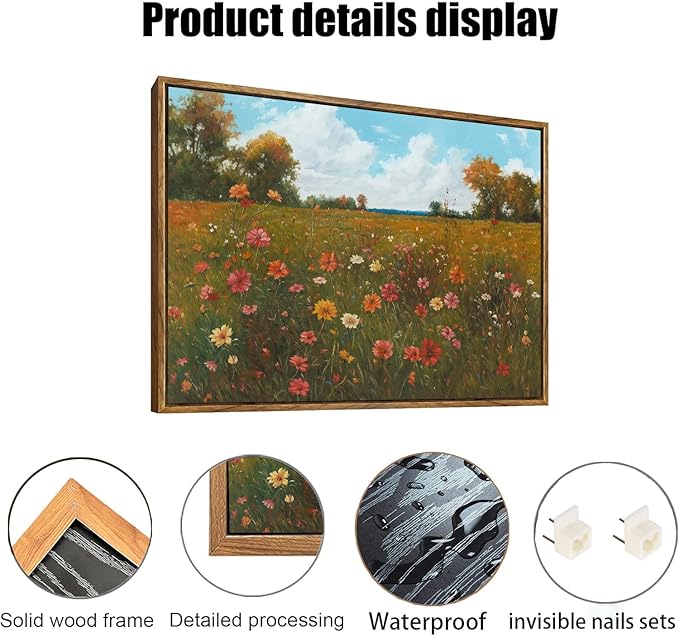 OIQArtOIQ Vintage Landscape Framed Wall Art Fall Countryside Colorful Wildflower Field Canvas Art Prints Farmhouse Cottagecore Pictures Wall Decor Rustic Meadow Paintings Artwork For Kitchen Bedroom