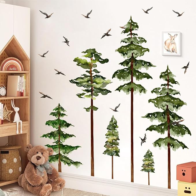 Large Pine Tree Wall Stickers Green Trees Wall Decals Peel and Stick Watercolor Birds Nature Giant Trees Decor Woodland Forest Sticker Green Tree Stickers for Living Room Bedroom Home Decor