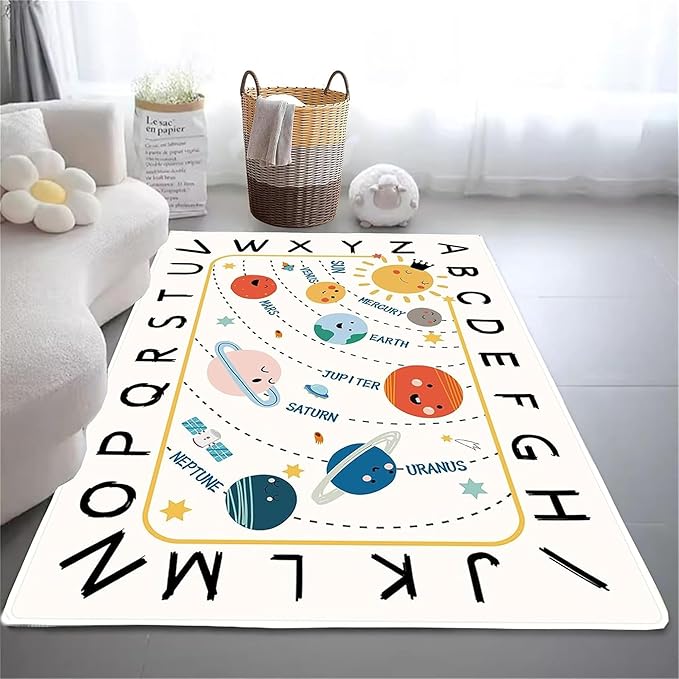 Solar System Kids Rug, Alphabet and Planet Carpet for Playroom 4x6, Children's Educational Play Mat ABC Rugs, Outer Space Play Rug