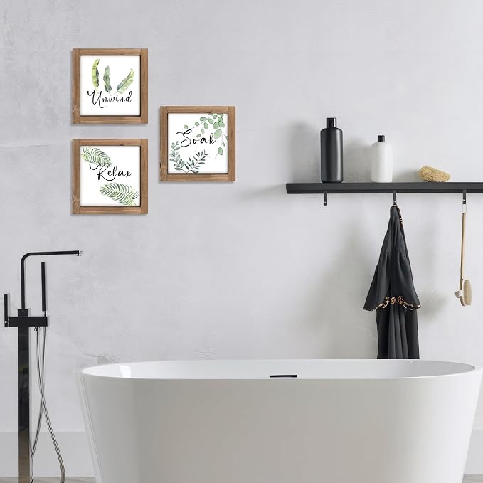 pechpell 3 Piece Relax Soak Unwind Wall Art Bathroom Signs, Wooden Sage Green Botanical Bathroom Decor, Nature Leaves Plant Pictures Table Top Shelf Desk Bedroom Rustic Farmhouse Home Decorations