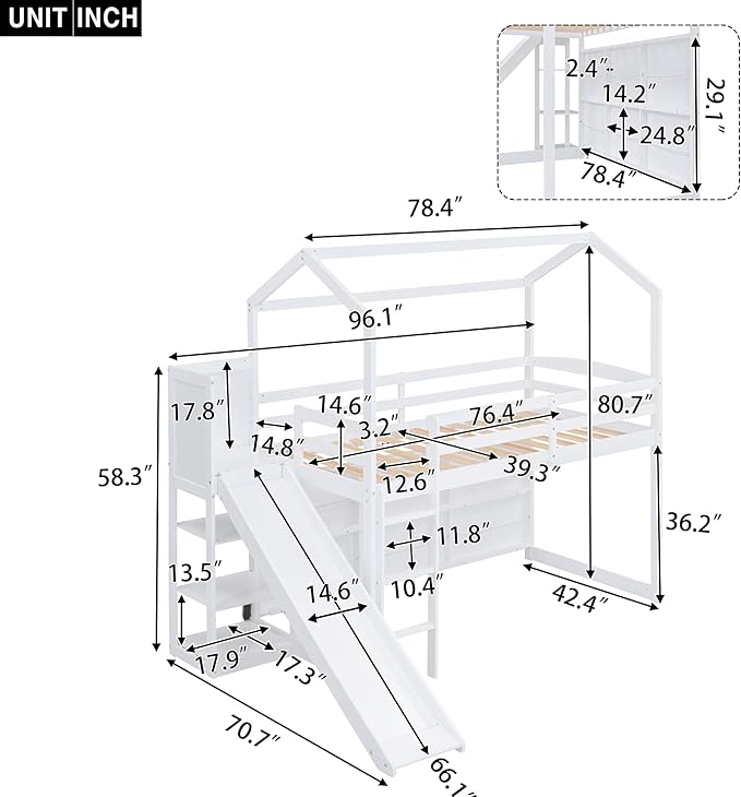 Flieks Twin Size Wood House Loft Bed Frame for Boys Girls Kids Adults Toddler with Slide, Storage Shelves and Light, White