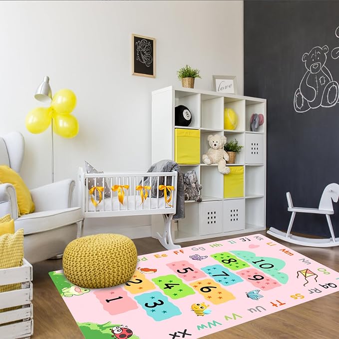Cute Soft Educational Hopscotch Kids Room Rug with Numbers ABC Alphabet, Washable Pink Girls Play & Learning Rugs for Bedroom Playroom Classroom, Toddler Baby Play Area Nursery Carpet Rug 63"x31.5"