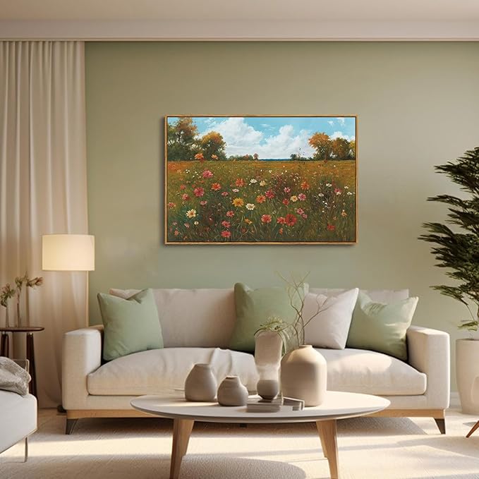 OIQArtOIQ Vintage Landscape Framed Wall Art Fall Countryside Colorful Wildflower Field Canvas Art Prints Farmhouse Cottagecore Pictures Wall Decor Rustic Meadow Paintings Artwork For Kitchen Bedroom