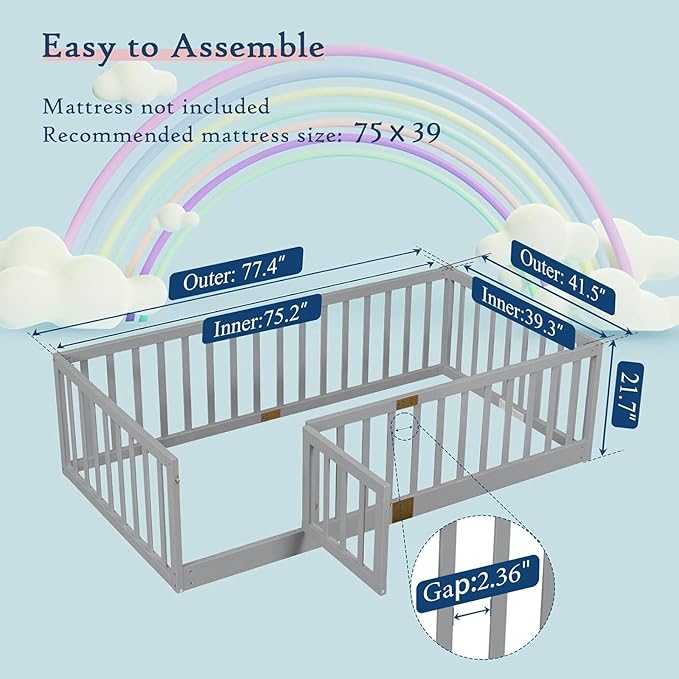 Tatub Twin Montessori Floor Bed with High Rails, Solid Wood Montessori Bed Frame for Kids, Door Can Install Left and Right, Twin-Grey