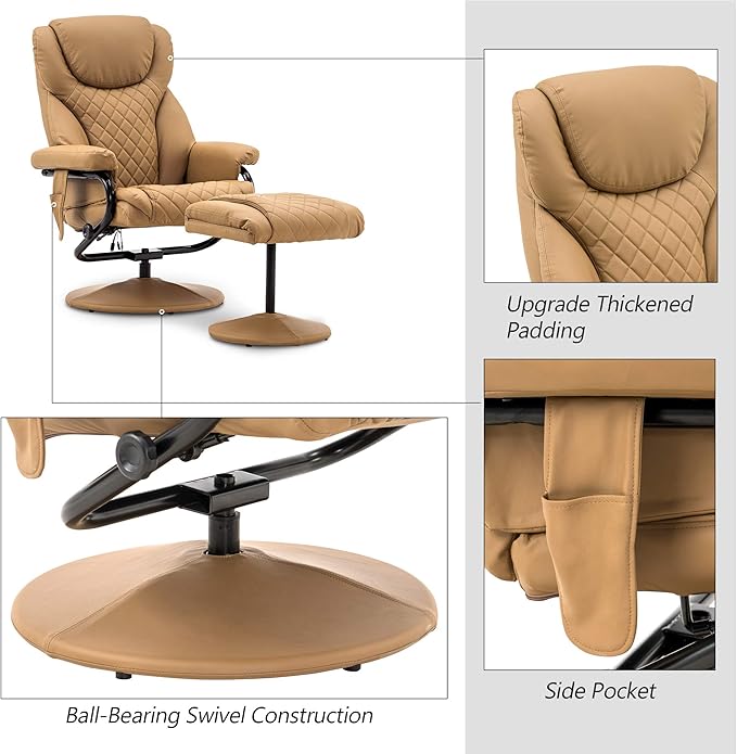 MCombo Recliner with Ottoman, Reclining Chair with Massage, 360 Swivel Living Room Chair Faux Leather, 4901 (Cognac)