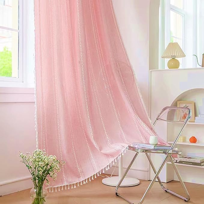 Deeprove Pink Boho Curtains for Kids Room Girls Nursery Room, Pretty Princess Theme Home Decoration Privacy Protection, Bohemian Semi-Blackout Light Filter Window Tassel Drape (1 Panel,52" x 90")