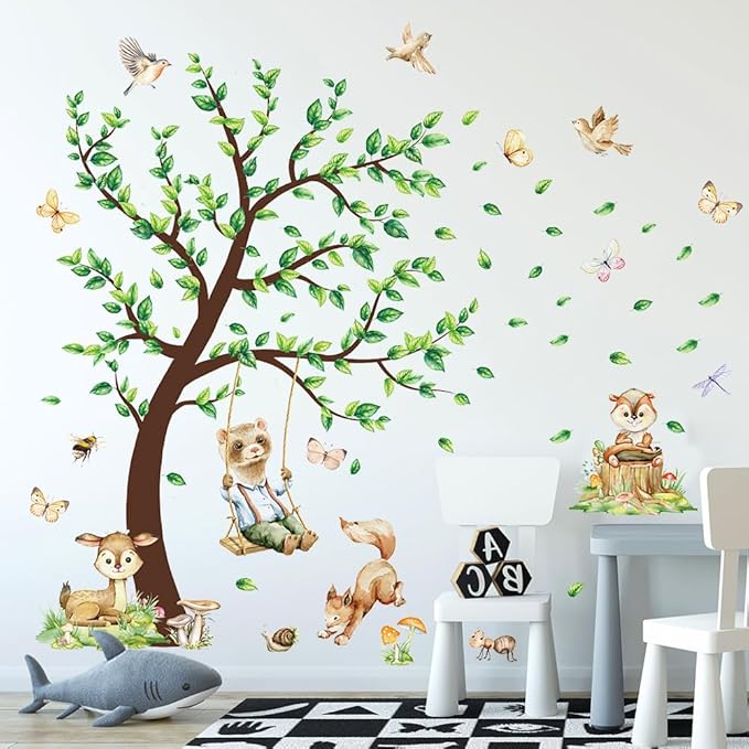 Jungle Animals Wall Decals Woodland Nursery Animals Large Tree Wall Stickers Watercolor Ferret Deer Fox Squirrel Home Decal Stickers for Baby Nursery Kids Bedroom Toddler Room Wall Decor