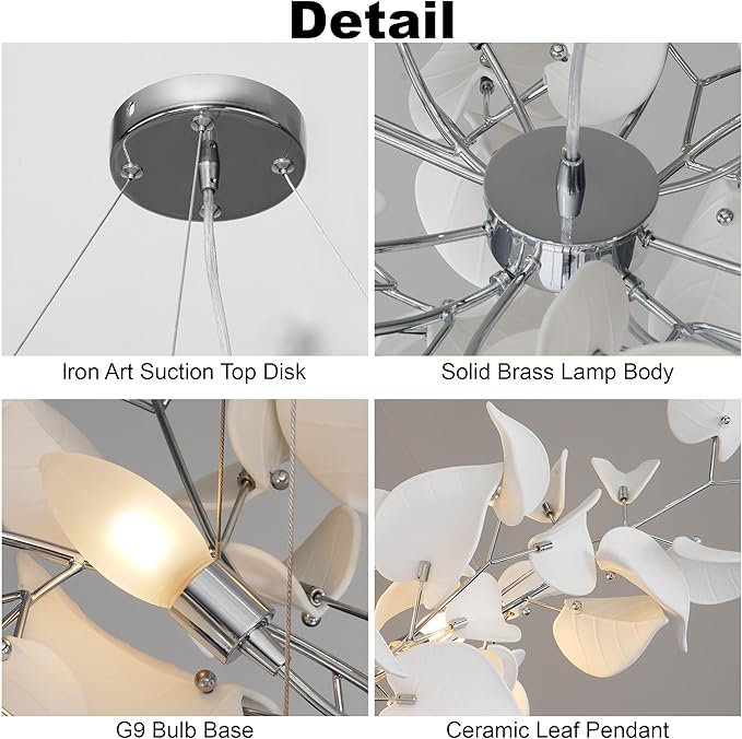 YUYI 47" Ceramic Branch Chandelier, Silver Rectangular Hearted Leaf Chandeliers for Dining Room, Living Room, Kitchen, Foyer, Bedroom, Elegant Art Deco Chandelier Light Fixture