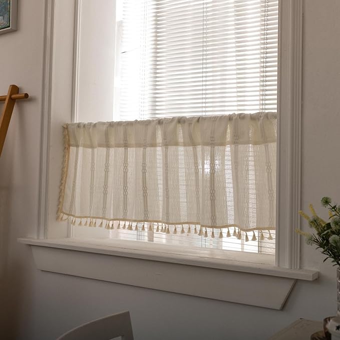 Deeprove White Boho Valance with Tassels Linen Kitchen Short Embroidered Curtain. Farmhouse French Country Rustic Small Window Treatment for Cafe Closet Laundry Dining Restaurant 1 Panel W52 x L18