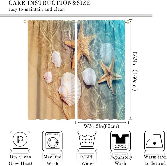 Beach Curtain for Bathroom Decor，Sea Turtle Starfish Seashell Nautical Ocean Coastal Scenery Art Printed Fabric Polyester Waterproof Set 2 Panels,63x63 Inches