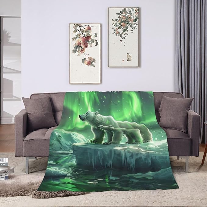 Polar Bear Blanket Aurora Animal Throw Blanket Flannel Stuff Merch Cozy Decor Fleece Plush Fuzzy Warm Soft Lightweight Bedding Gifts for Polar Bear Lover Women Men Girls Boy Couch 60"X50"