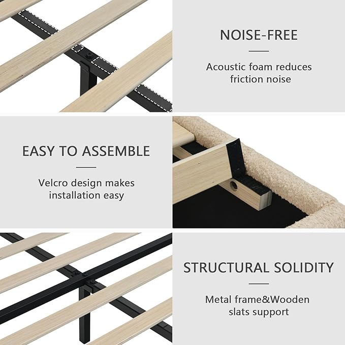 Queen Bed Frame with Headboard, Cloud Boucle Upholstered Bed Frame, Modern Soft Style, Adjustable Headboard, No Box Spring Needed, Easy Assembly, Beige