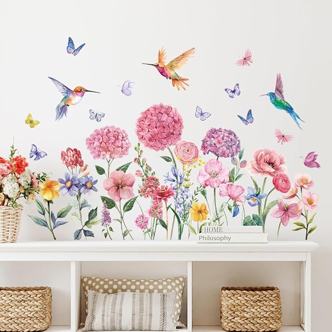 Pink Flowers Wall Sticker Peel and Stick Plant Floral Wall Decal DIY Removable Butterfly Bird Wall Art Murals Watercolor Daisy Flower Wall Sticker for Bedroom Princess