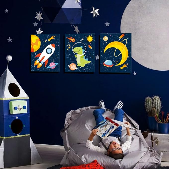 KAIRNE Outer Space Dinosaur Room Decor,Solar System Stars Wall Canvas Poster,Set Of 4 (12X16inch,framed) Planet Astronaut Art Print,Rocket Decor for Boys Room Toddler Kids Room Classroom Space Decor