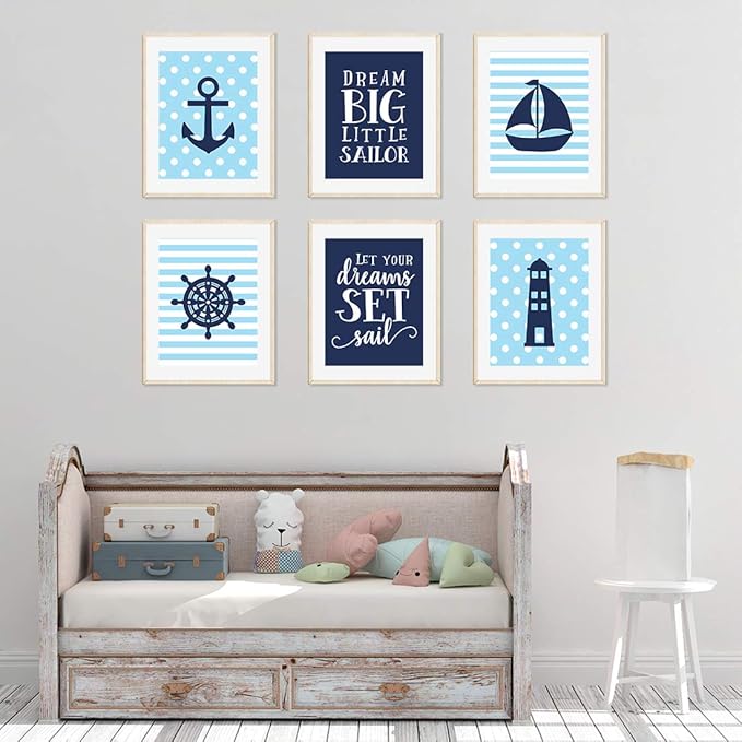 Andaz Press Ocean Nautical Sailor Theme Nursery Kids Bedroom Hanging Wall Art Decor, 8.5x11-inch, Baby Blue Stripes Dots, Dream Big, Let Your Dreams Set Sail, 6-Pack, Unframed Room Poster