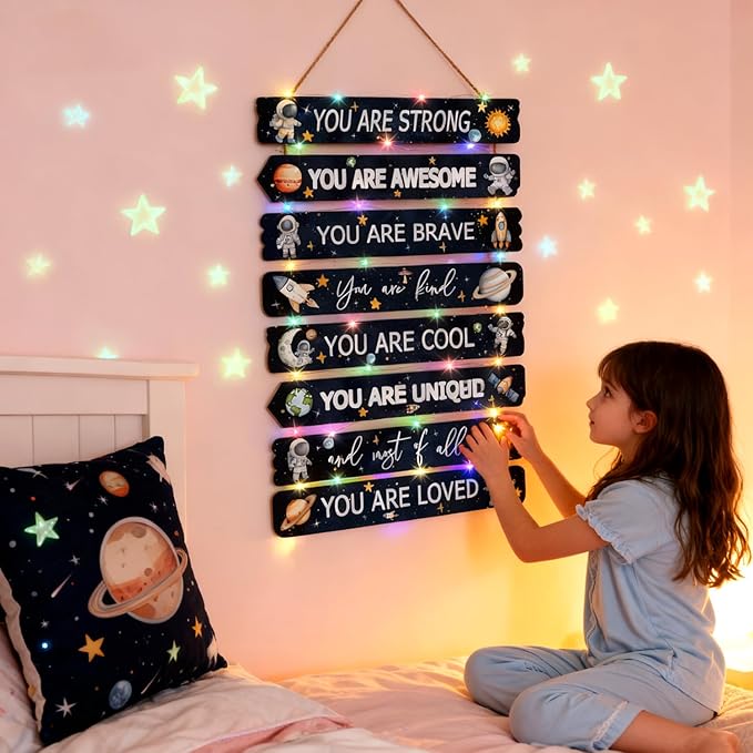 Cool Classic Space Astronaut Sign Nursery Wall Decor Set of 8, 16x5 Modern Motivational Cute Rocket Planets Plaque Wall Art for Baby Boy Kid Teen Toddlers, 4 PCS Wooden Gallery Quote Gift for Gameroom