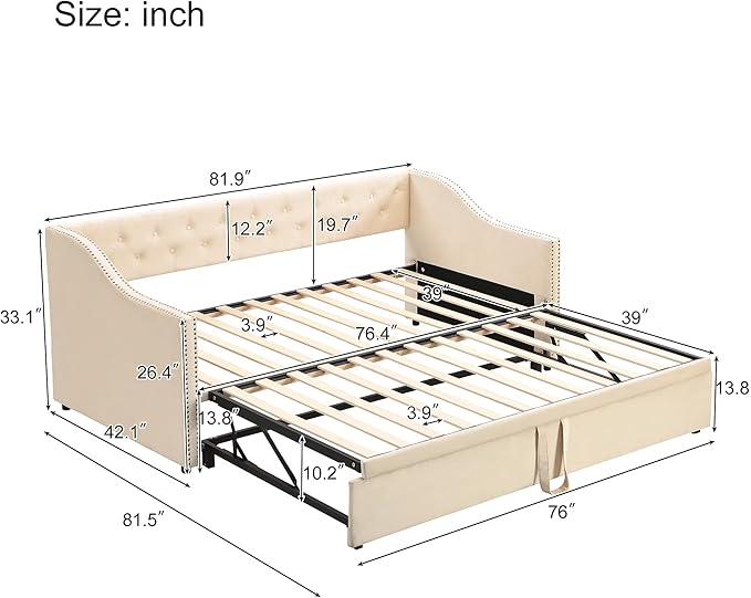 Merax Twin Size Upholstered Velvet Daybed with Pop Up Trundle, Multi-Functional Sofa Bed with Backrest and Two Armrest for Kids Room, Guest Room, Living Room,Beige
