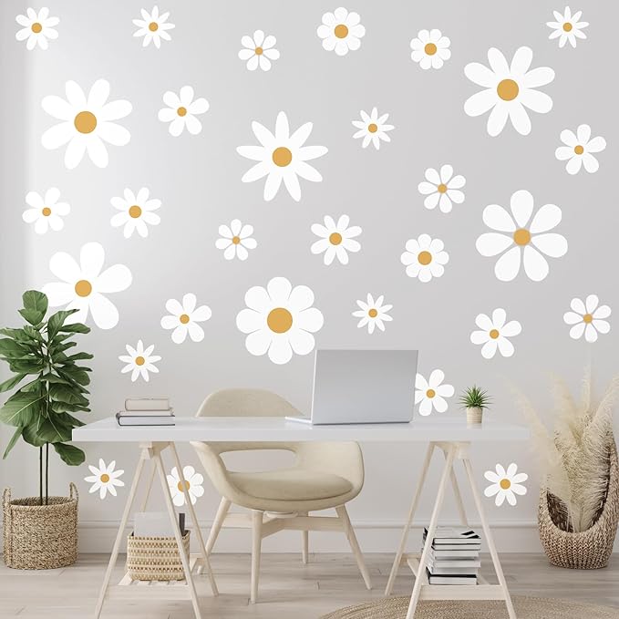 TaoBary 12 Sheets Daisy Wall Decal Flower Wall Sticker Cute Daisy Sticker Pink White Flower Decal Peel and Stick Floral Wallpaper for Nursery Bedroom Home Decor(White, Yellow,Classic Style)