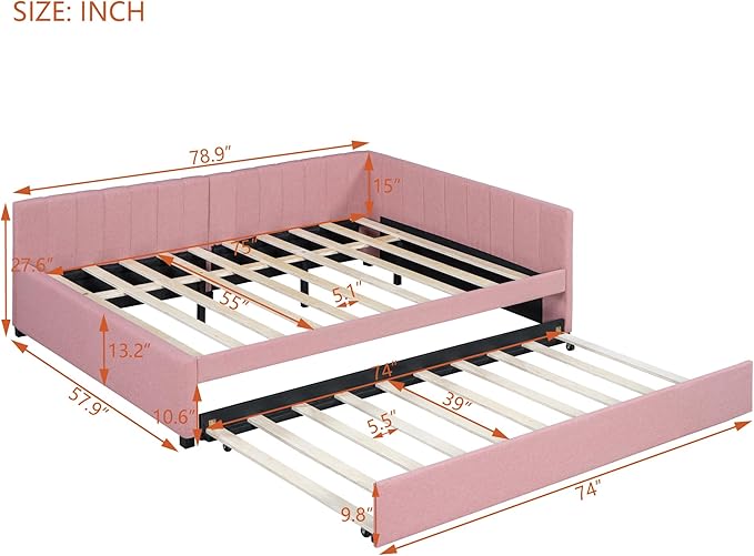 Harper & Bright Designs Full Size Upholstered Daybed with Trundle Sofa Bed Frame for Boys Girls Kids Adults Toddler No Box Spring Needed, Linen Fabric(Pink)