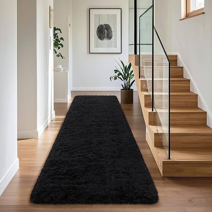 BENRON Soft Runner Rugs for Bedroom 2x6, Washable Long Runners for Hallway Entryway Kitchen Dorm, Fluffy Throw Rug for Kids Girls Room Decor Photo Prop, Black