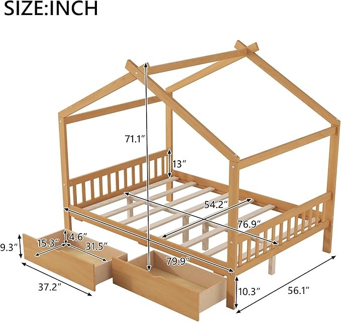 Harper & Bright Designs Full Size House Bed Frame for Kids, Wood Playhouse Platform Bed Frame with Two Drawers and Fence, Roof Design, Natural