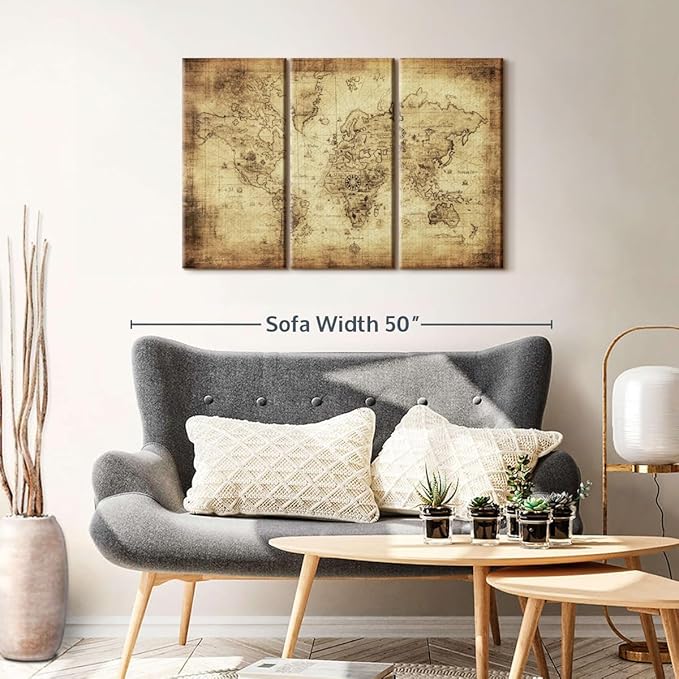 ElephantStock Ancient World Map Wall Art Multi Piece Canvas - 3 Piece Canvas World Map Wall Decor - Wall Decor - Ready-to-Hang Print - Vintage Wall Art - 38" X 24"
