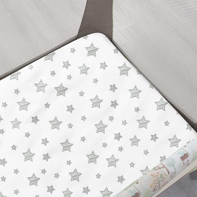 Pack and Play Sheets, 2 Pack Mini Crib Sheets, Stretchy Playard Fitted Sheet, Compatible with Graco Pack n Play, Soft and Breathable Material, Grey & White
