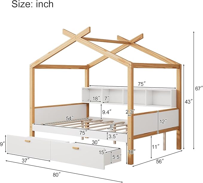 Full Size Wooden House Bed with Two Drawers and Bookshelf Storage Space, Original Wood Colored Frame with Roof and Slats Support for Kids Teens Girls Boys Bedroom (White+Drawers, Full)