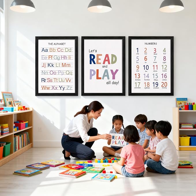 Cute Alphabet Numbers Framed Wall Art Set of 3, Educational ABC Poster Wooden Sign for Baby Girl Kid Boy Toddlers, Neutral Boho Preschool English Letters Nursery Decor for Homeschool Playroom Daycare