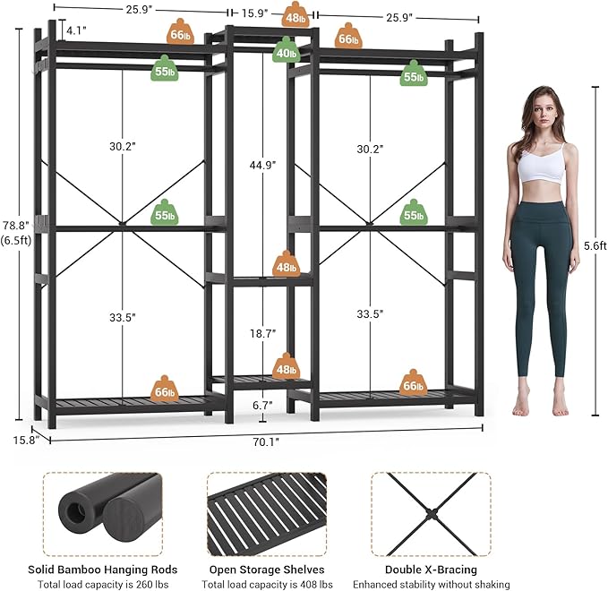 Homykic Bamboo Closet System Clothes Rack, Large Freestanding Garment Rack Clothing Rack for Hanging Clothes with 7 Storage Shelves and 5 Rods, Open Wardrobe Organizer with 4 Hooks, Black
