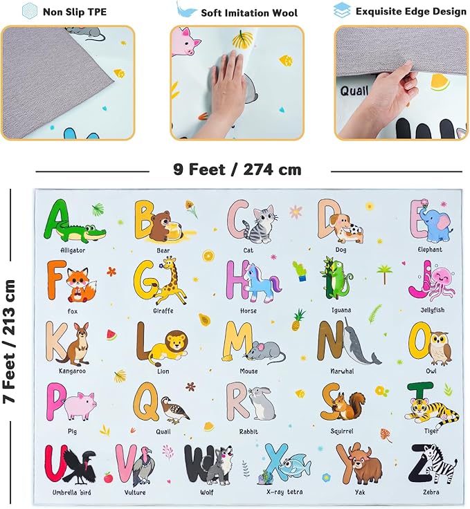 Kids Rugs for Playroom, 7x9 Feet Educational Rug for Learn The ABC Alphabet, Soft Machine Washable Non-Slip Cute Cartoon Animals Carpet for Classroom Toddler Nursery Kids Room Decor, Blue