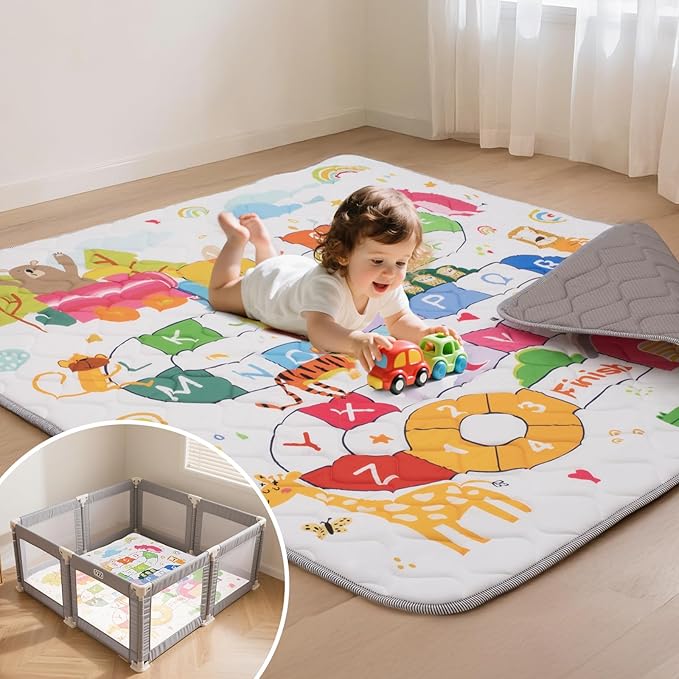Baby Play Mat for Floor,71x59 Inch Soft Padding Crawling Mat, Foldable and Machine Washable, Thick for Babies & Toddlers,Animal School