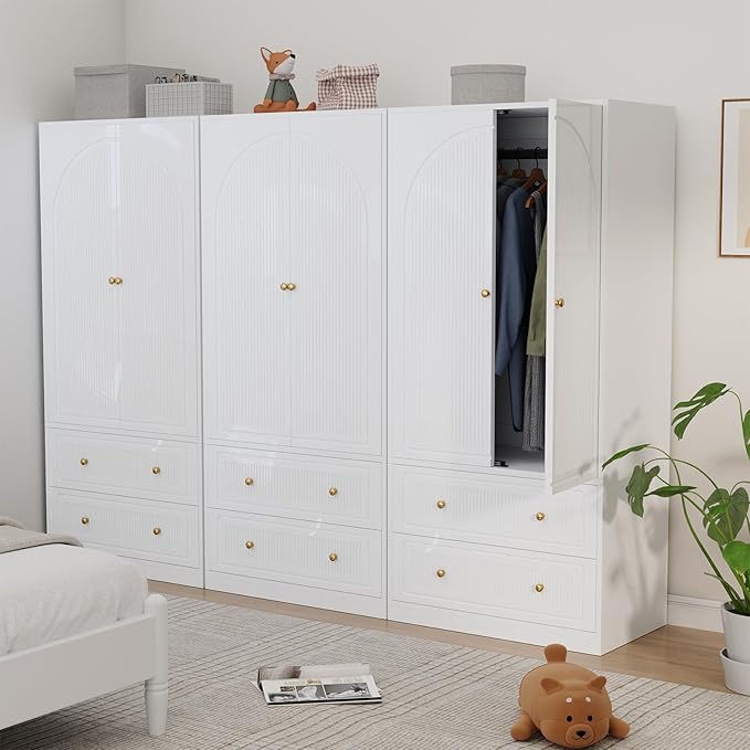 Wardrobe Closet with 4 Door & 4 Drawers, 71" White Bedroom Wooden Armoire with Hanging Rod, Freestanding Large Capacity Clothing Wardrobe Cabinet w/Gold Handles for Bedroom