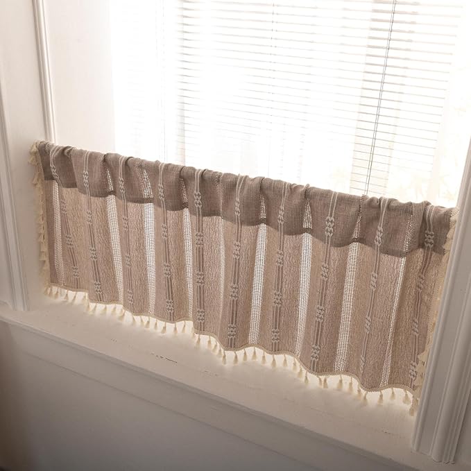 Deeprove Taupe Boho Valance with Tassels Linen Kitchen Short Embroidered Curtain. Farmhouse French Cottage Rustic Small Window Treatment for Cafe Closet Laundry Dining Restaurant 1 Panel W52 x L18