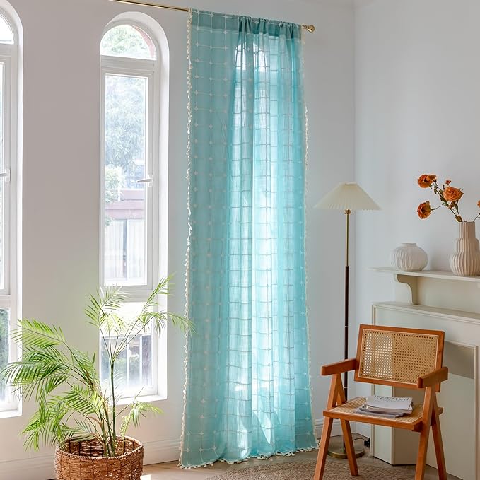 Deeprove Green Boho Curtains 96 Inches Long for Bedroom Nursery Room, Cotton Linen Lattice Plaids Embroidery Semi Blackout Bohemian Window Treatment Grids Drape Tassels, 1 Panel W52 x L96, Aqua