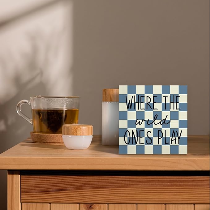 Where The Wild Ones Play Wood Box Sign Desk Decor 5X5, Nursery Kids Room Wooden Block Sign Decorations for Playroom Toddler Boys Room Wall Tabletop Shelf Decor