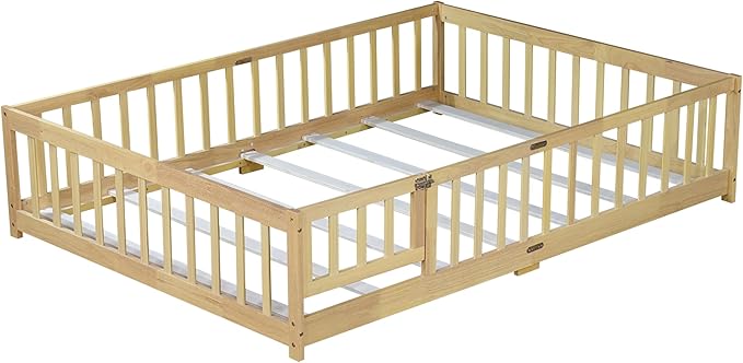 Full Size Floor Bed with Convertible Door & Wood Slats Support for Girls & Boys,Wood Montessori Bed Frame w/Guardrails & Close to The Floor for Kids,Natural