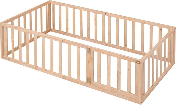 Merax Twin Floor Bed with Safety Guardrails and Door, Wood Montessori Floor Bed Frame for Kids, Twin Playhouse Bed Frame for Baby Girls and Boys, Natural